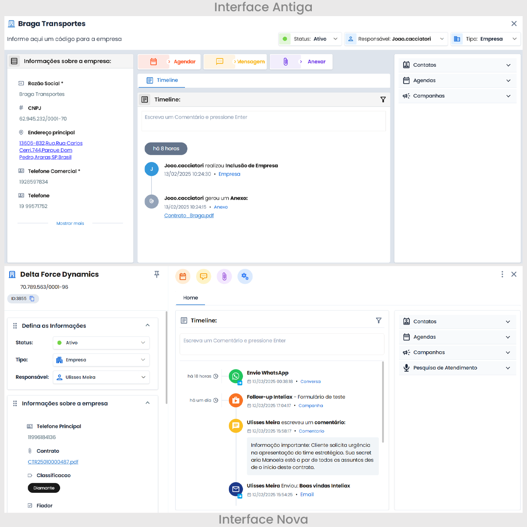 Imagem comparativa entre a versão antiga e a nova da tela de cadastro de empresas no sistema Inteliax. A nova versão apresenta um design mais moderno, com melhor organização das informações, novas opções de exibição da coluna lateral, além da substituição de botões por ícones na área superior.