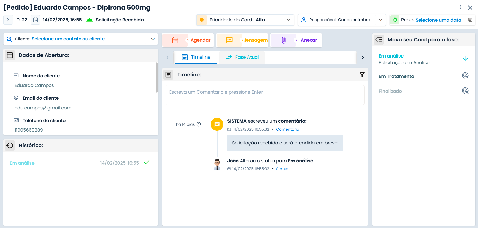 Interface antiga dos cards do Pipeline no sistema Inteliax, apresentando a disposição anterior das informações e ícones.