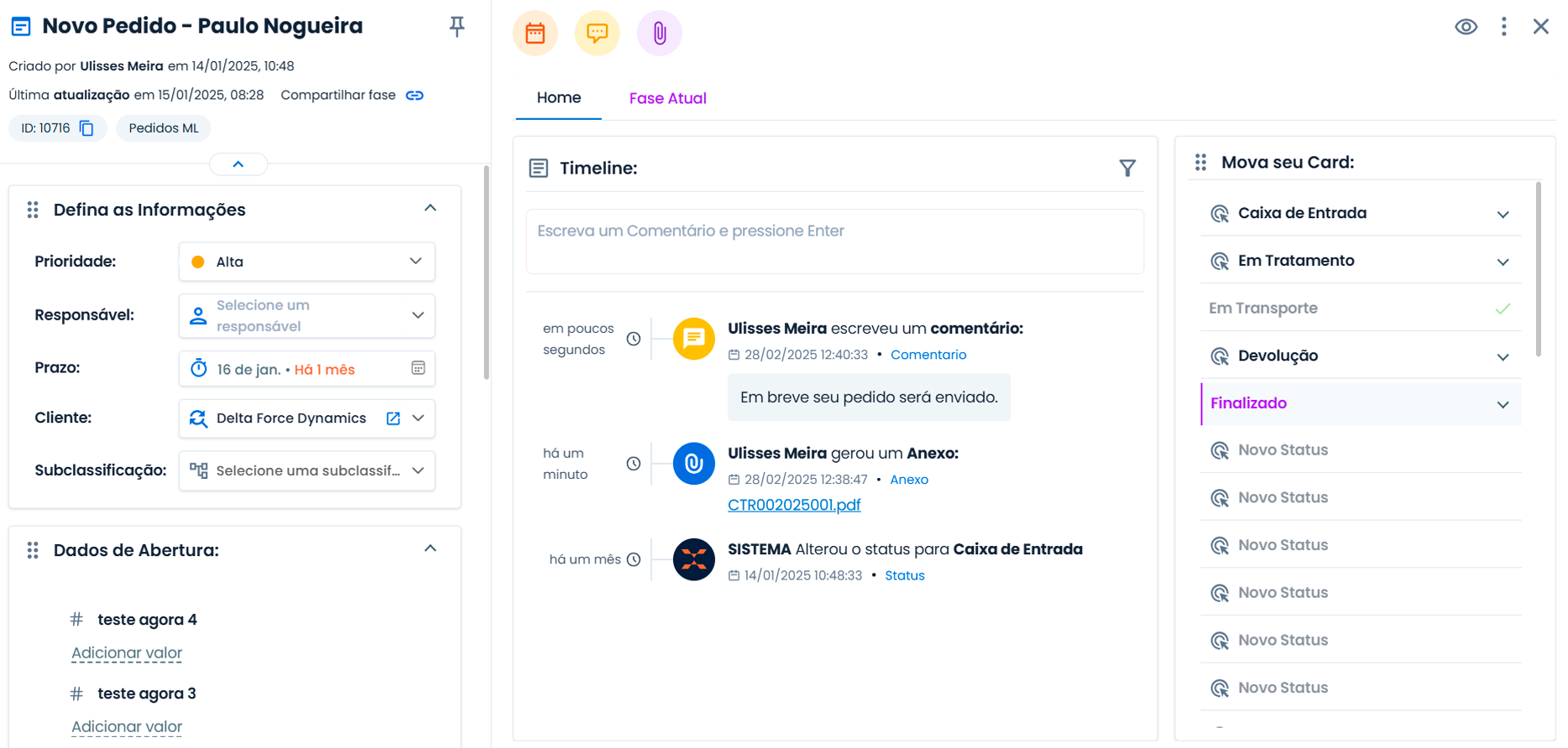 Nova interface dos cards do Pipeline no sistema Inteliax, com layout otimizado, novos ícones e opção de retração da tela.