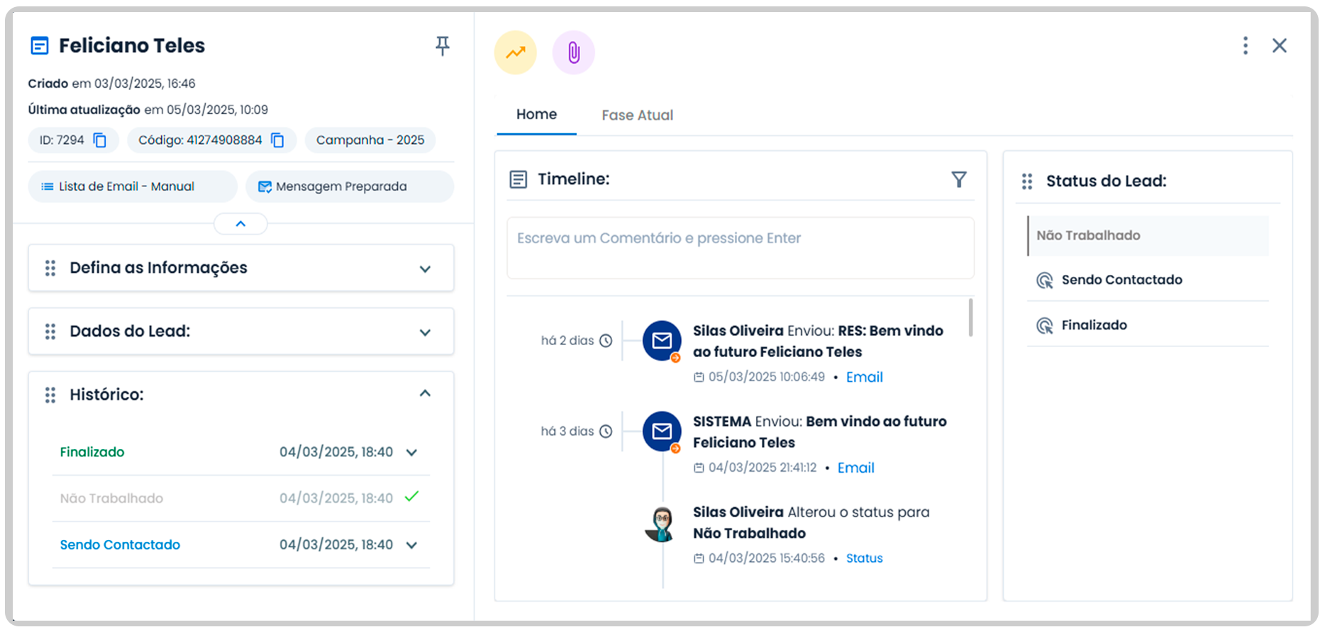 Captura de tela da nova interface de leads do Marketing no sistema Inteliax, com design refinado, destaque para ID, código, campanha e histórico detalhado de interações.